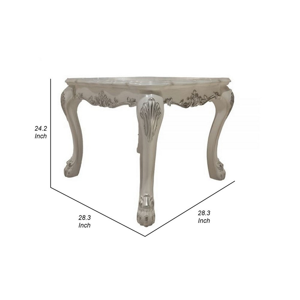 Benjara Ally 28 Inch Side End Table, Aspen Wood, Classic Scrollwork, Polyresin