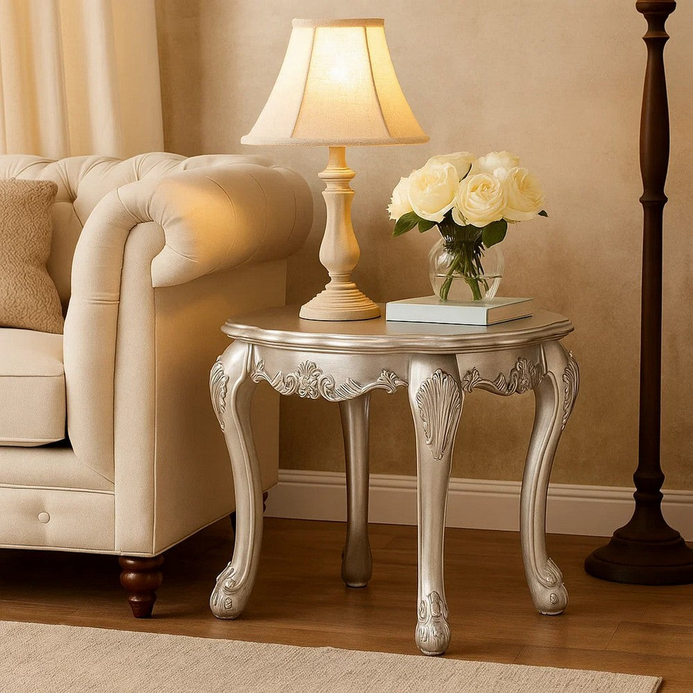 Benjara Ally 28 Inch Side End Table, Aspen Wood, Classic Scrollwork, Polyresin