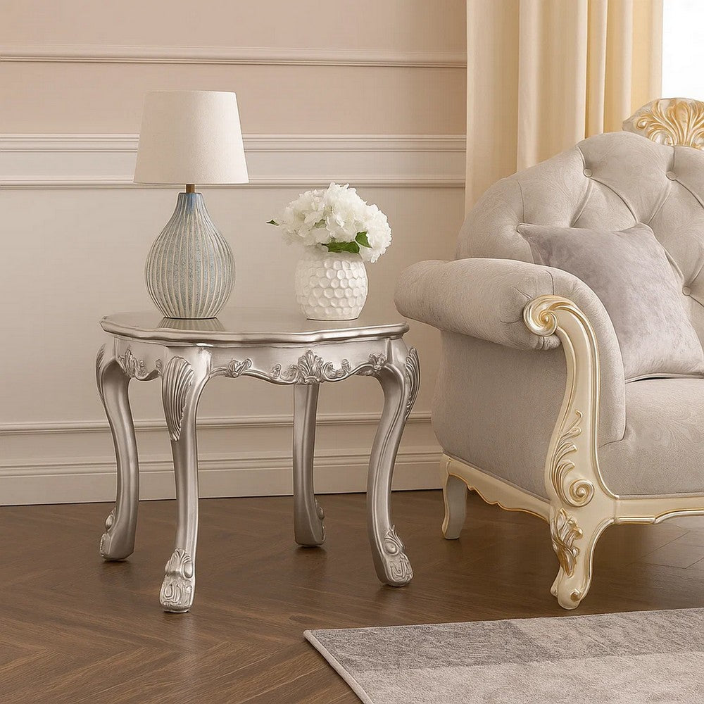 Benjara Ally 28 Inch Side End Table, Aspen Wood, Classic Scrollwork, Polyresin