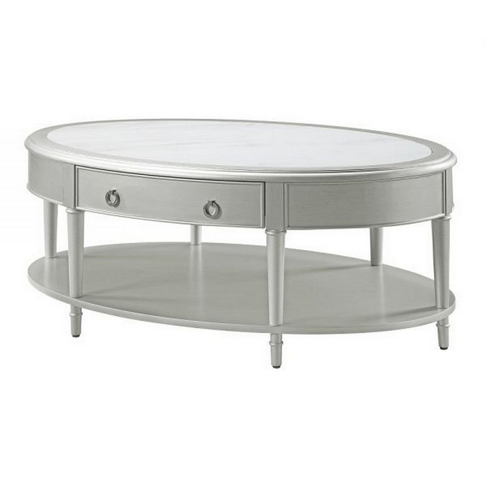 Benjara Kyna 50 Inch Coffee Table, Sintered Top, 1 Drawer, Classic Oval, Silver