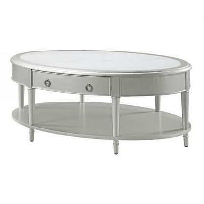Benjara Kyna 50 Inch Coffee Table, Sintered Top, 1 Drawer, Classic Oval, Silver