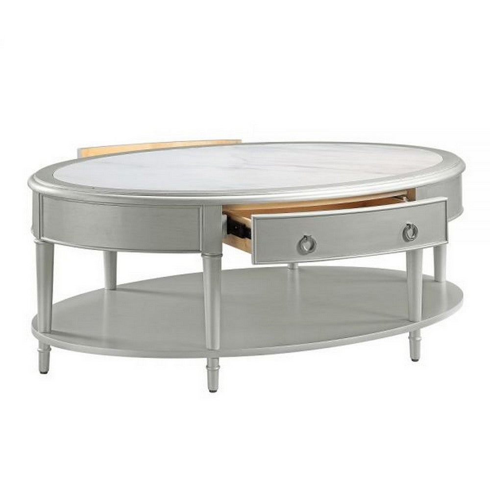 Benjara Kyna 50 Inch Coffee Table, Sintered Top, 1 Drawer, Classic Oval, Silver