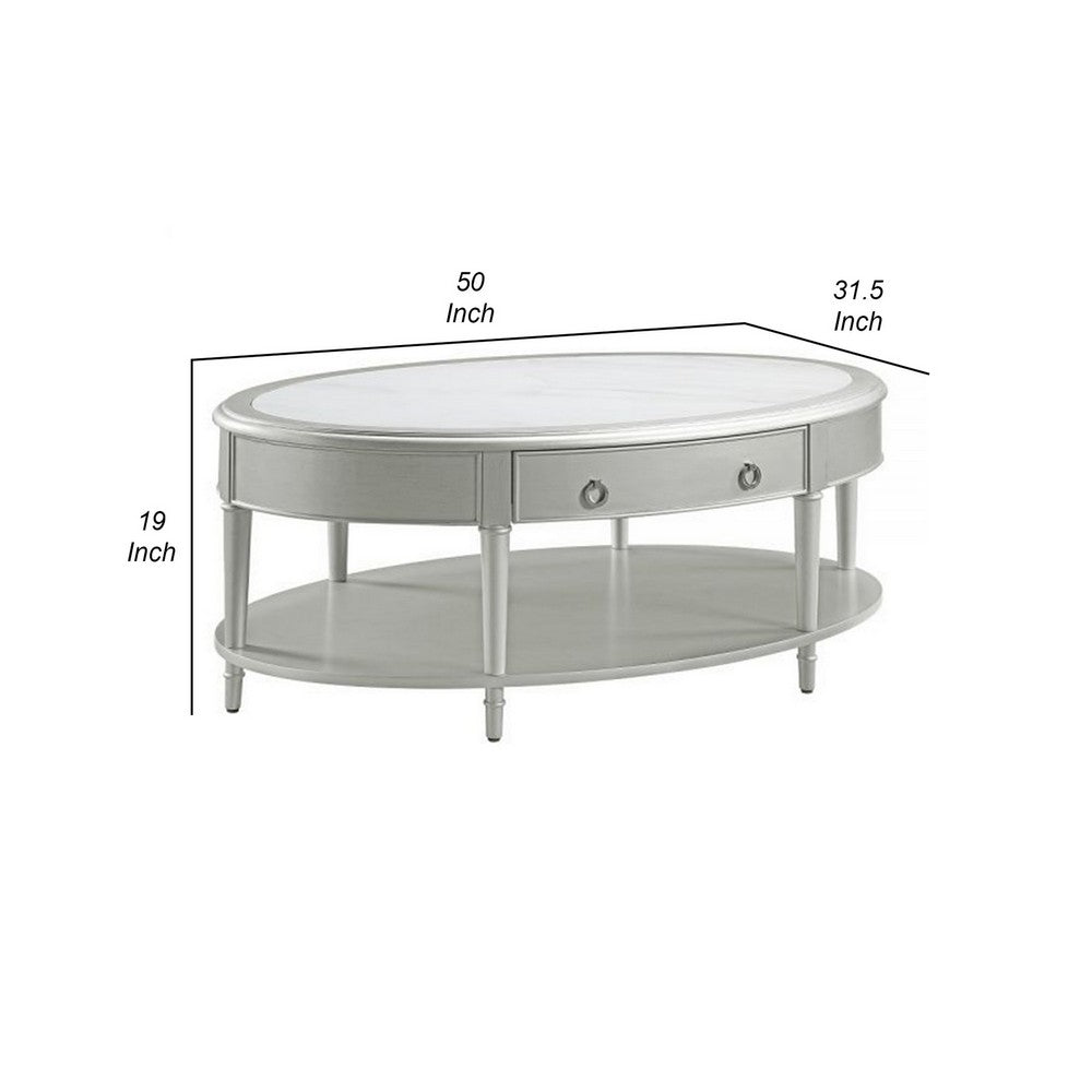 Benjara Kyna 50 Inch Coffee Table, Sintered Top, 1 Drawer, Classic Oval, Silver