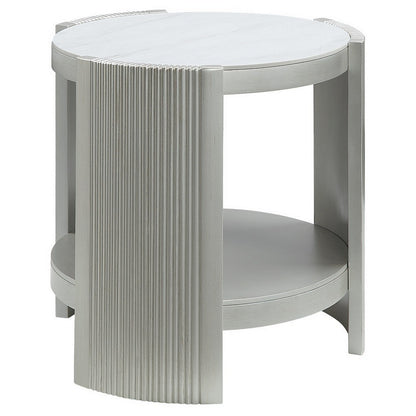 Benjara Kyna 26 Inch Side End Table, Modern Sintered Top, 1 Shelf, Round, Champagne Silver