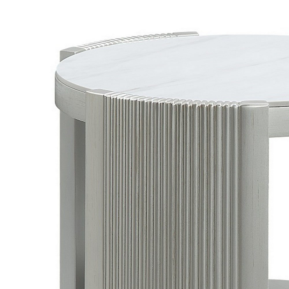 Benjara Kyna 26 Inch Side End Table, Modern Sintered Top, 1 Shelf, Round, Champagne Silver