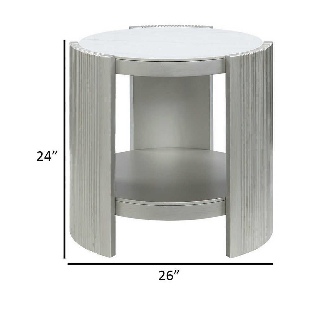 Benjara Kyna 26 Inch Side End Table, Modern Sintered Top, 1 Shelf, Round, Champagne Silver