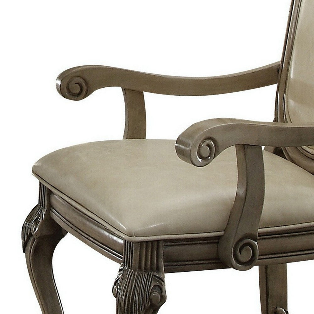 Benjara Loki 29 Inch Dining Armchair Set of 2, Antique White, Crown Top, Cushioned