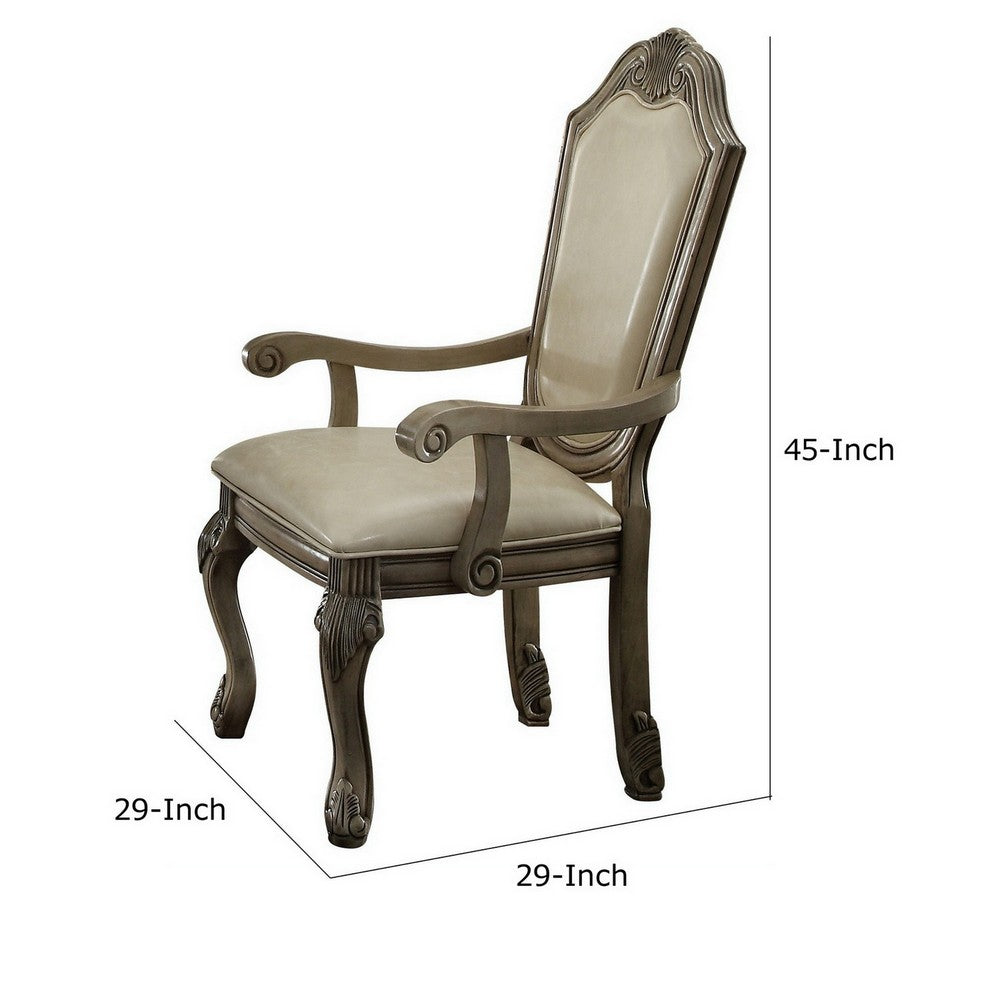Benjara Loki 29 Inch Dining Armchair Set of 2, Antique White, Crown Top, Cushioned