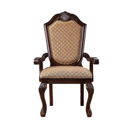 Benjara Loki 29 Inch Dining Armchair Set of 2, Beige Fabric, Crown Top Back, Brown