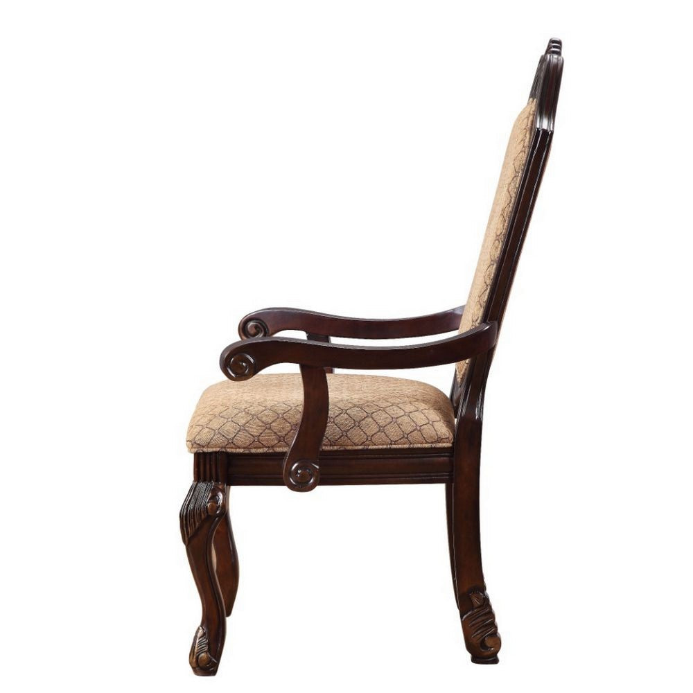 Benjara Loki 29 Inch Dining Armchair Set of 2, Beige Fabric, Crown Top Back, Brown