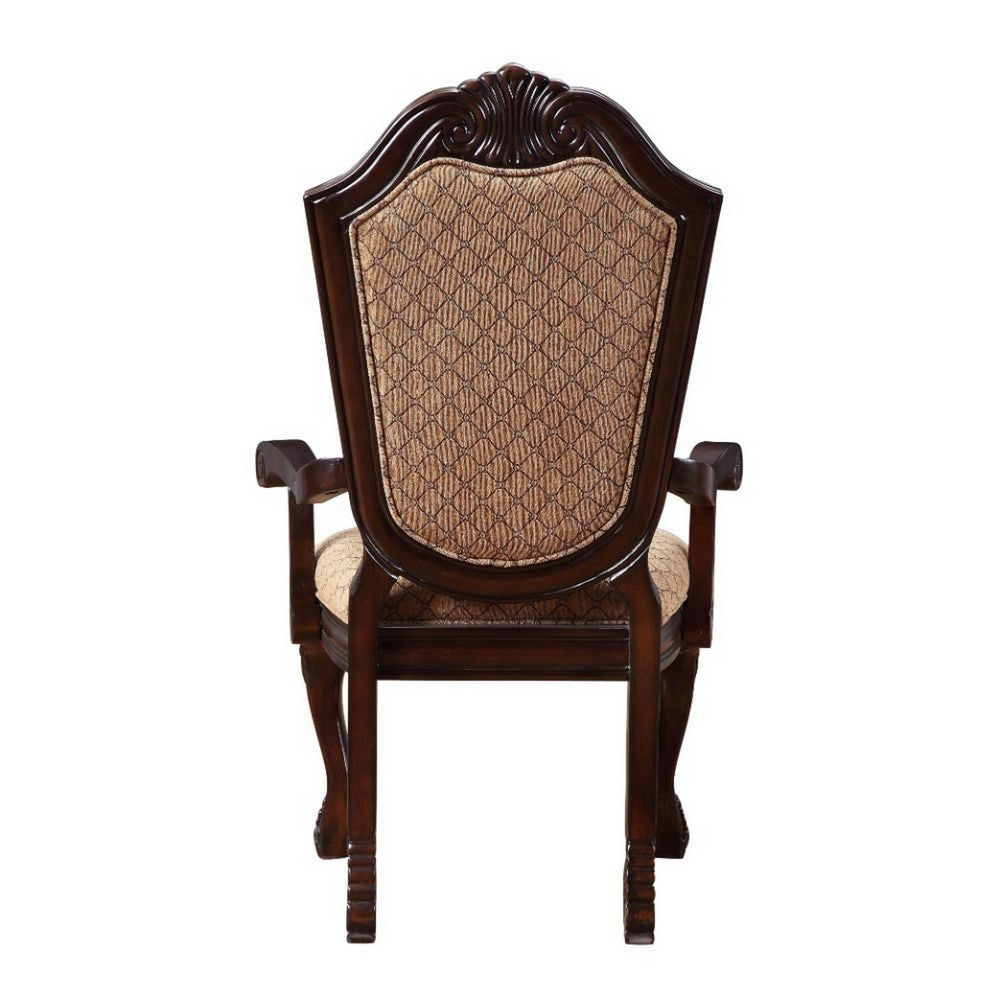 Benjara Loki 29 Inch Dining Armchair Set of 2, Beige Fabric, Crown Top Back, Brown