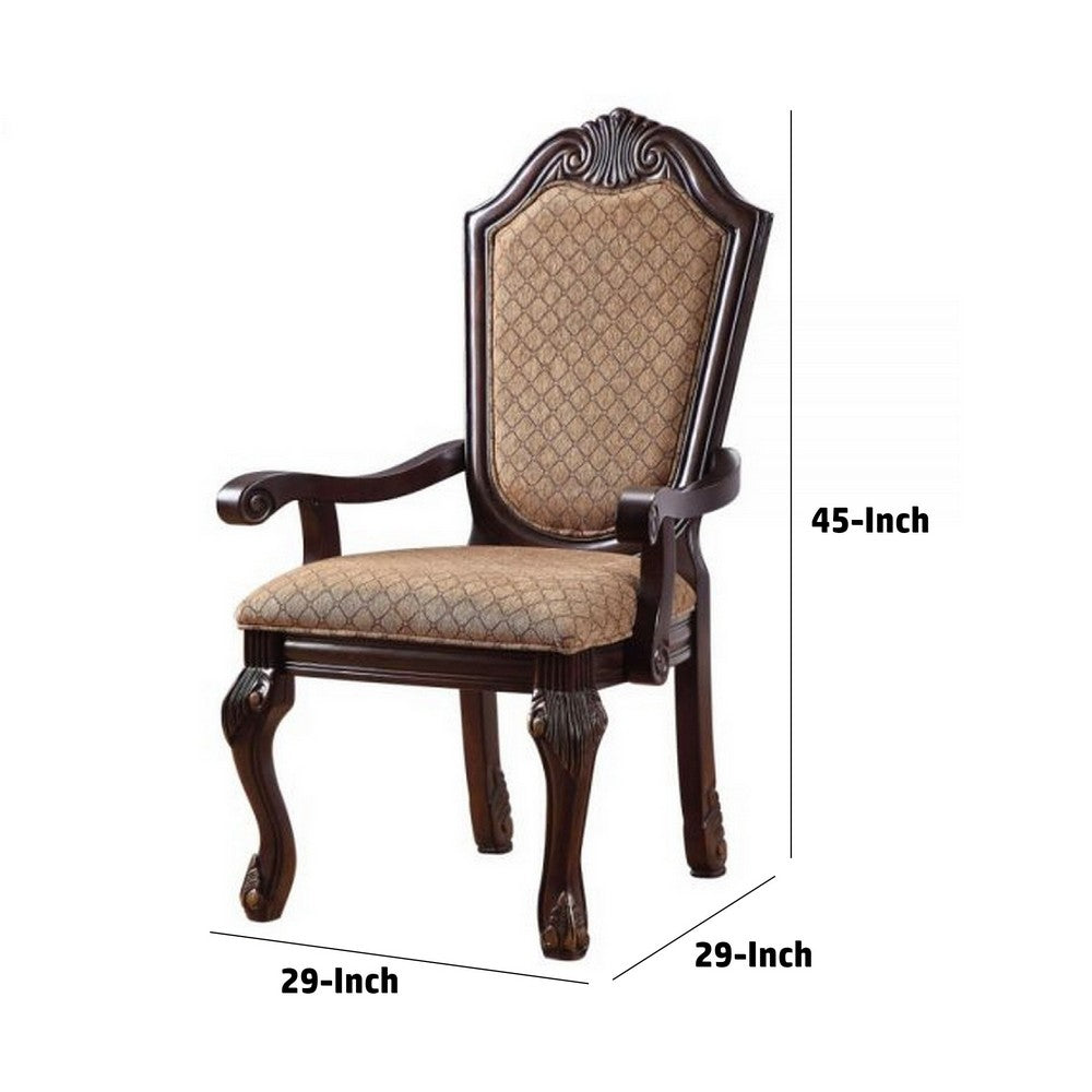 Benjara Loki 29 Inch Dining Armchair Set of 2, Beige Fabric, Crown Top Back, Brown