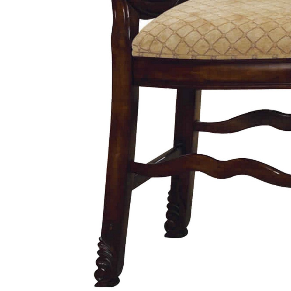 Benjara Loki 24 Inch Counter Height Chair Set of 2, Beige Fabric, Crown Top Back