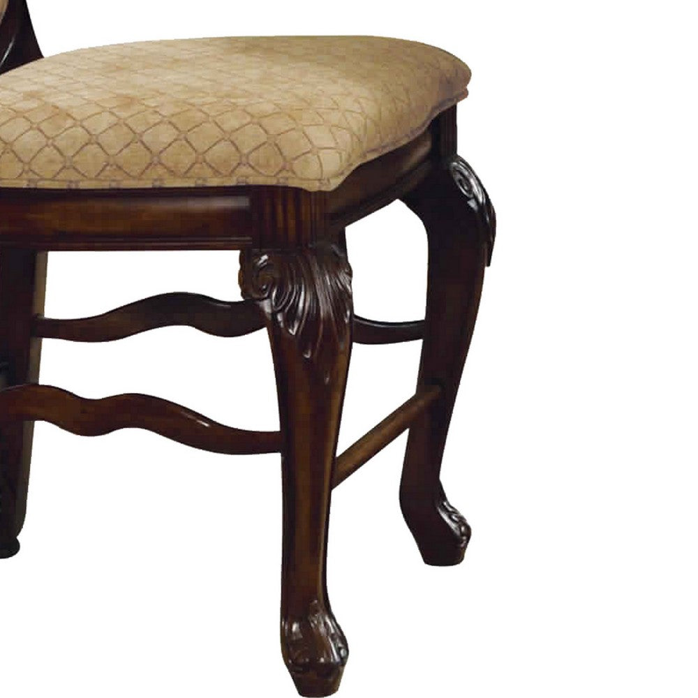 Benjara Loki 24 Inch Counter Height Chair Set of 2, Beige Fabric, Crown Top Back