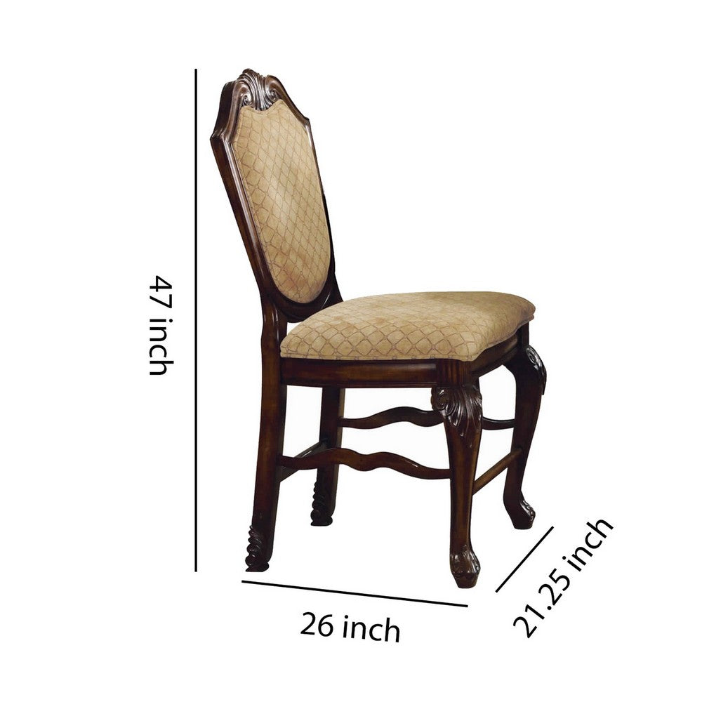 Benjara Loki 24 Inch Counter Height Chair Set of 2, Beige Fabric, Crown Top Back