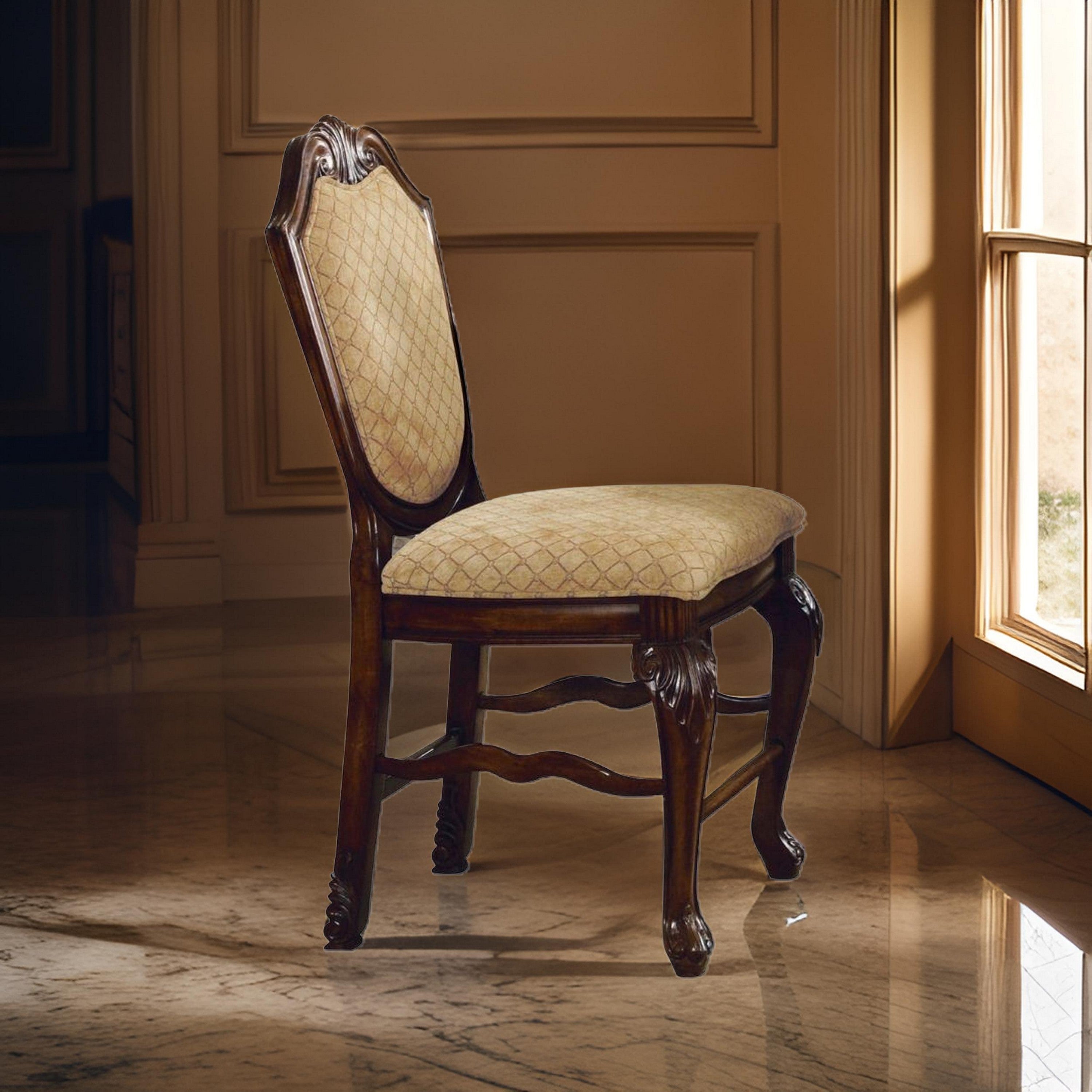 Benjara Loki 24 Inch Counter Height Chair Set of 2, Beige Fabric, Crown Top Back