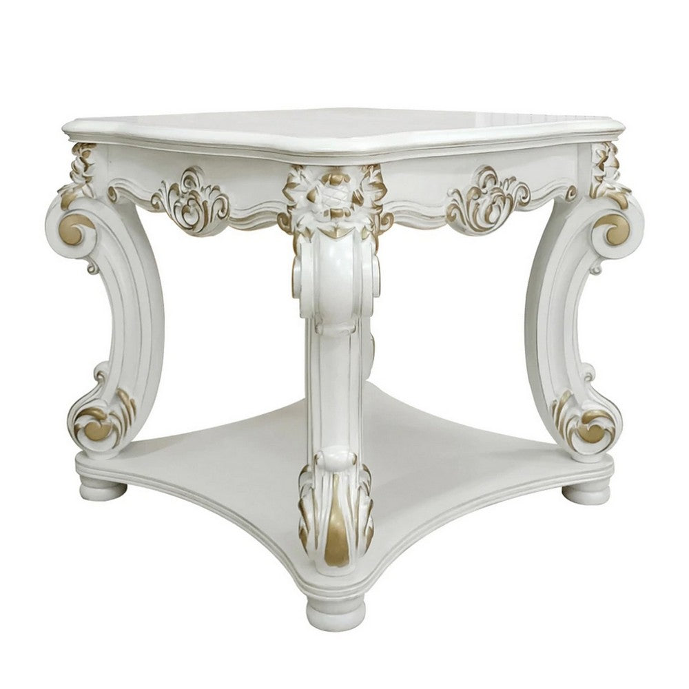 Benjara Jess 31 Inch Side End Table, Classic Scrolled Legs, White, Brushed Gold