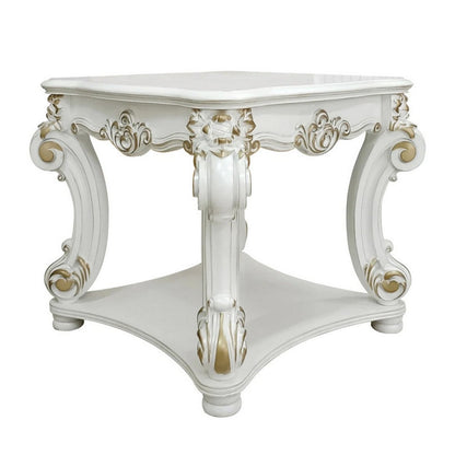 Benjara Jess 31 Inch Side End Table, Classic Scrolled Legs, White, Brushed Gold