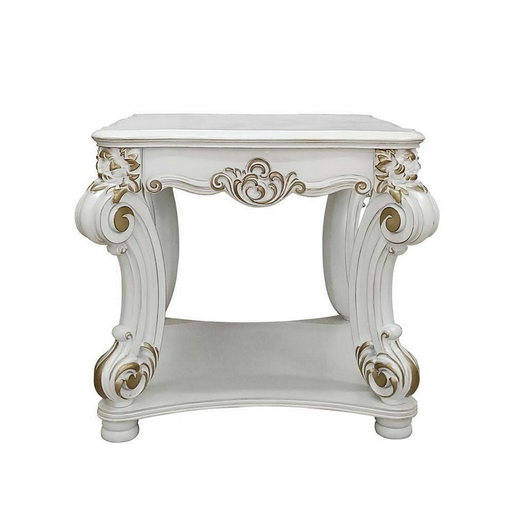 Benjara Jess 31 Inch Side End Table, Classic Scrolled Legs, White, Brushed Gold
