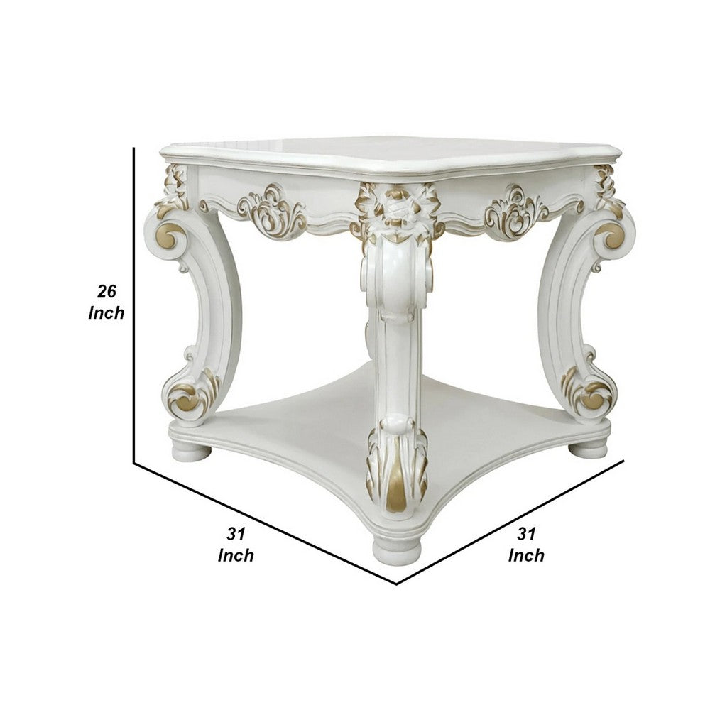 Benjara Jess 31 Inch Side End Table, Classic Scrolled Legs, White, Brushed Gold