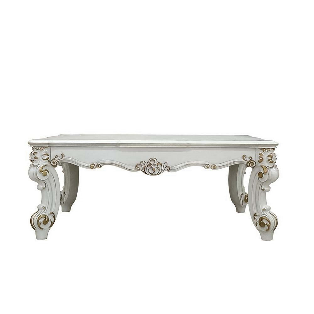 Benjara Jess 53 Inch Coffee Table, Traditional Scrolled Legs, Brushed Gold, White