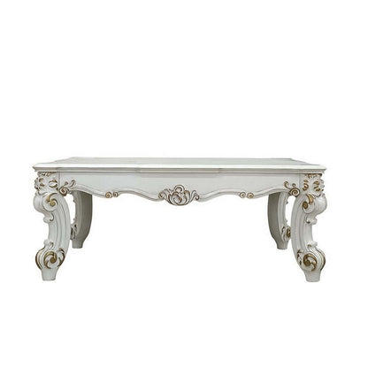 Benjara Jess 53 Inch Coffee Table, Traditional Scrolled Legs, Brushed Gold, White