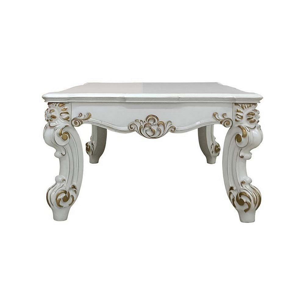 Benjara Jess 53 Inch Coffee Table, Traditional Scrolled Legs, Brushed Gold, White