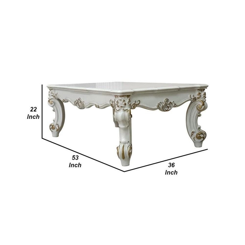 Benjara Jess 53 Inch Coffee Table, Traditional Scrolled Legs, Brushed Gold, White