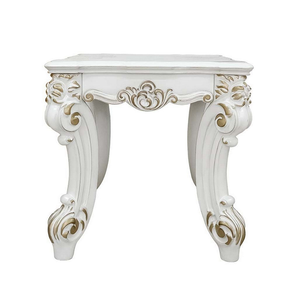 Benjara Jess 26 Inch Side End Table, Traditional Scrolled Legs, Brushed Gold, White