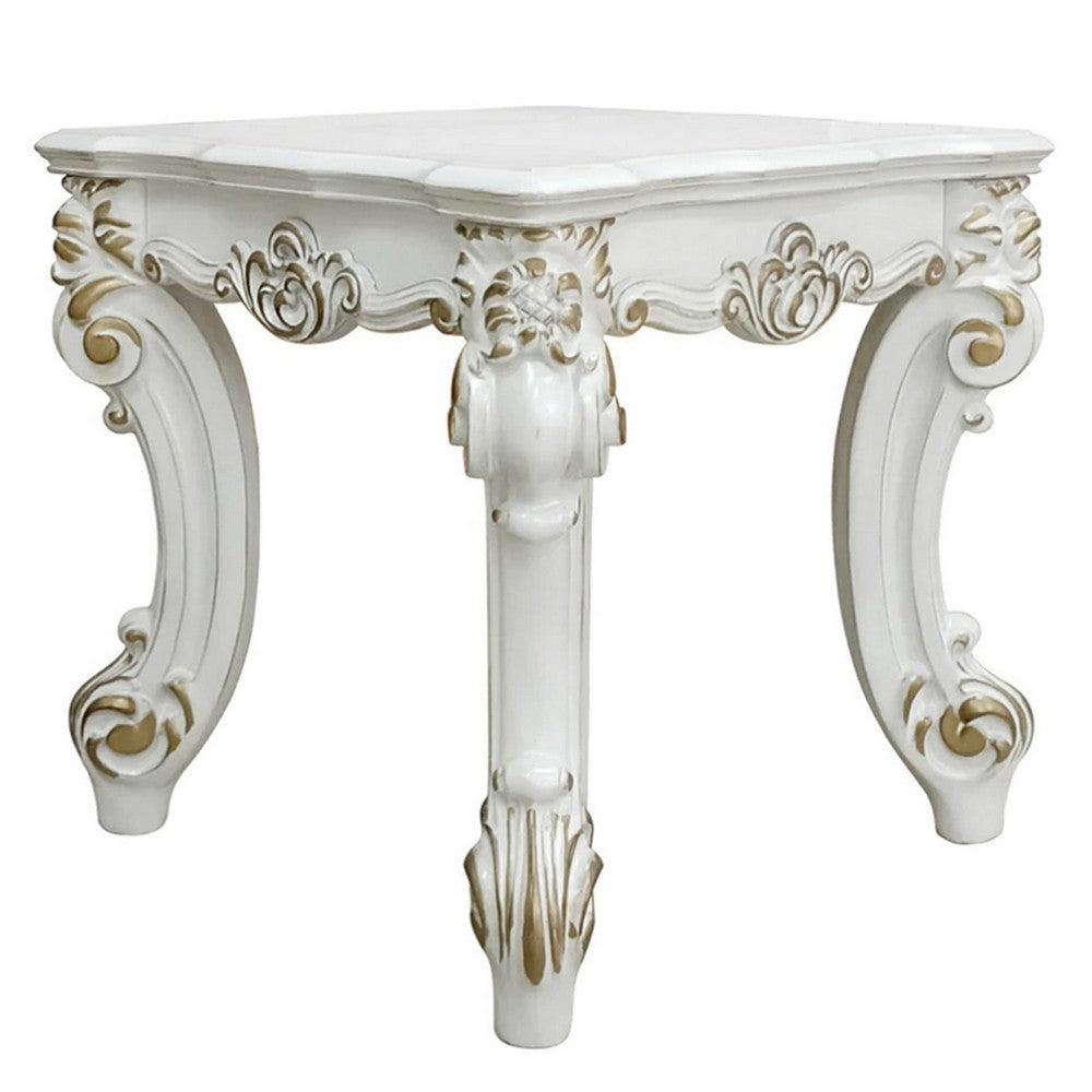 Benjara Jess 26 Inch Side End Table, Traditional Scrolled Legs, Brushed Gold, White