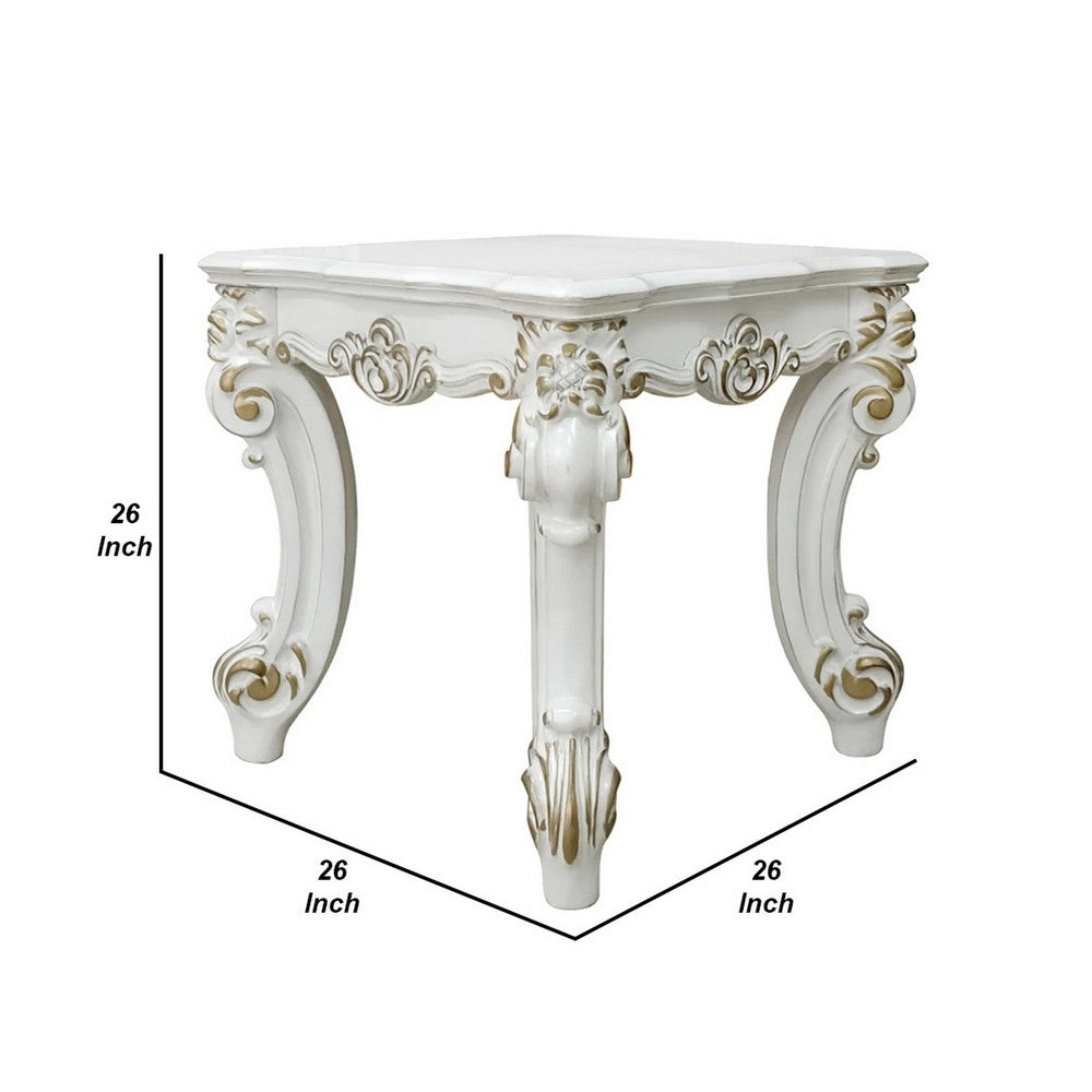 Benjara Jess 26 Inch Side End Table, Traditional Scrolled Legs, Brushed Gold, White