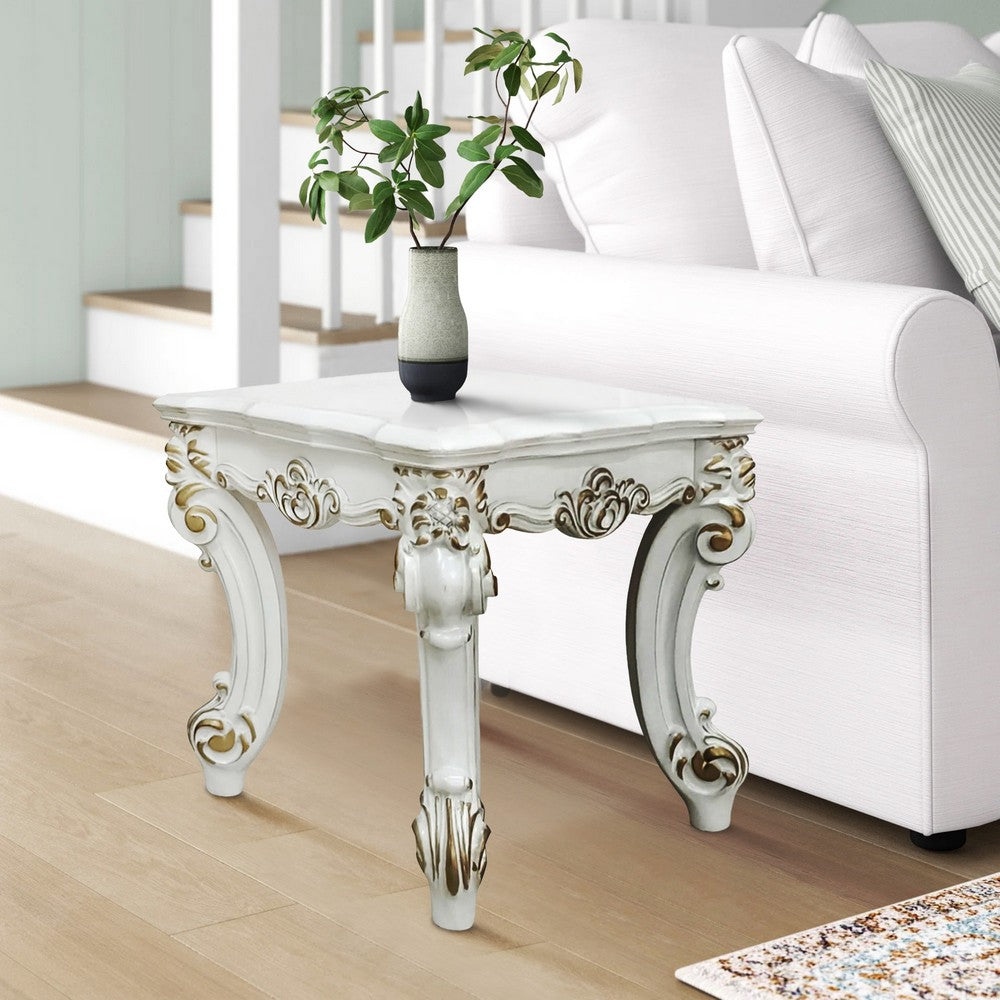 Benjara Jess 26 Inch Side End Table, Traditional Scrolled Legs, Brushed Gold, White