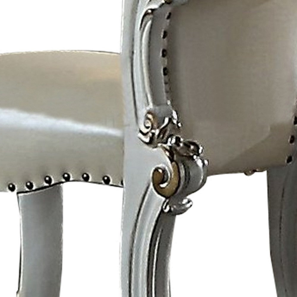 Benjara Jess 25 Inch Vanity Chair, Vegan Faux Leather, Rolled Back, Queen Anne Legs