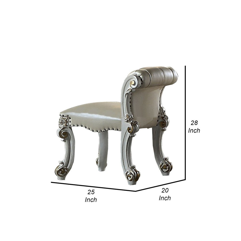 Benjara Jess 25 Inch Vanity Chair, Vegan Faux Leather, Rolled Back, Queen Anne Legs