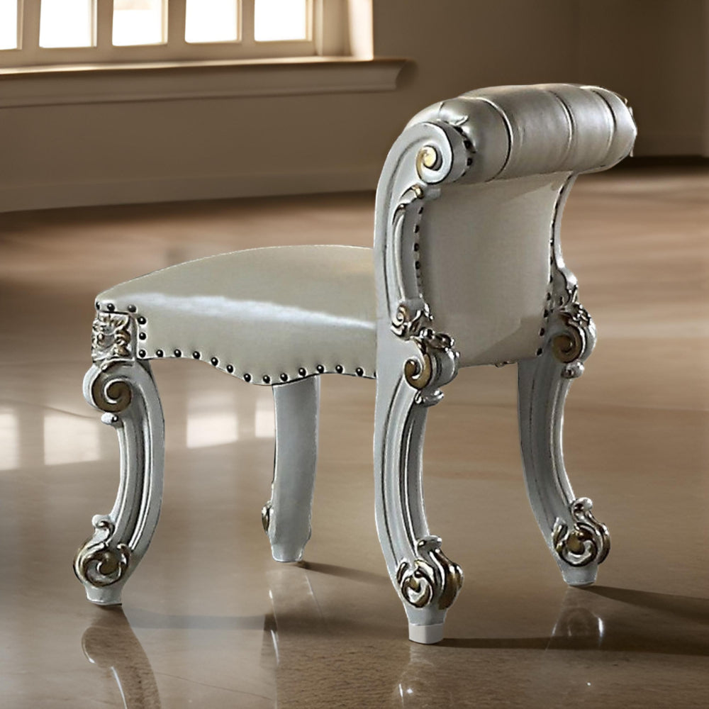 Benjara Jess 25 Inch Vanity Chair, Vegan Faux Leather, Rolled Back, Queen Anne Legs