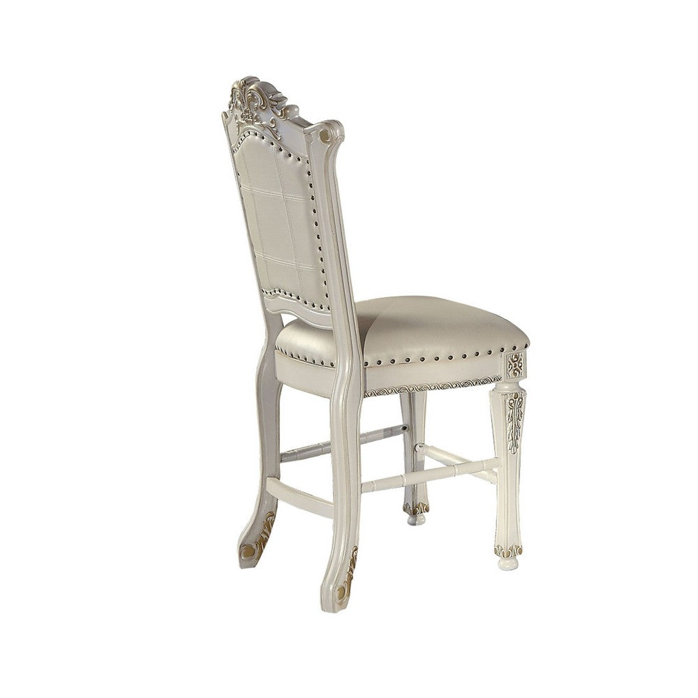 Benjara Jess 24 Inch Counter Chair Set of 2, Pearl Faux Leather, Button Tufted