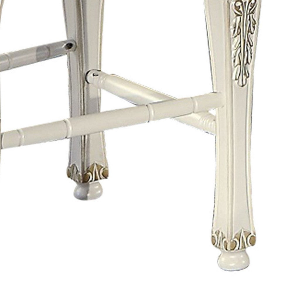 Benjara Jess 24 Inch Counter Chair Set of 2, Pearl Faux Leather, Button Tufted