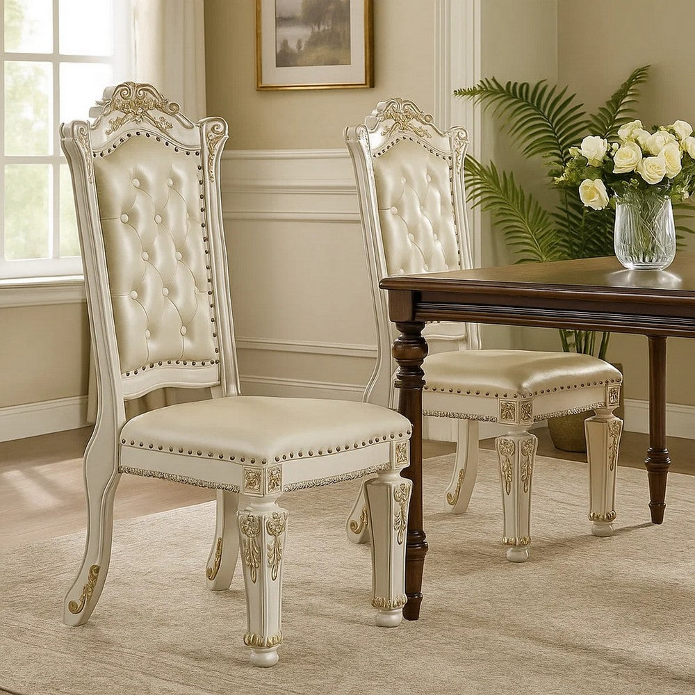 Benjara Jess 24 Inch Counter Chair Set of 2, Pearl Faux Leather, Button Tufted