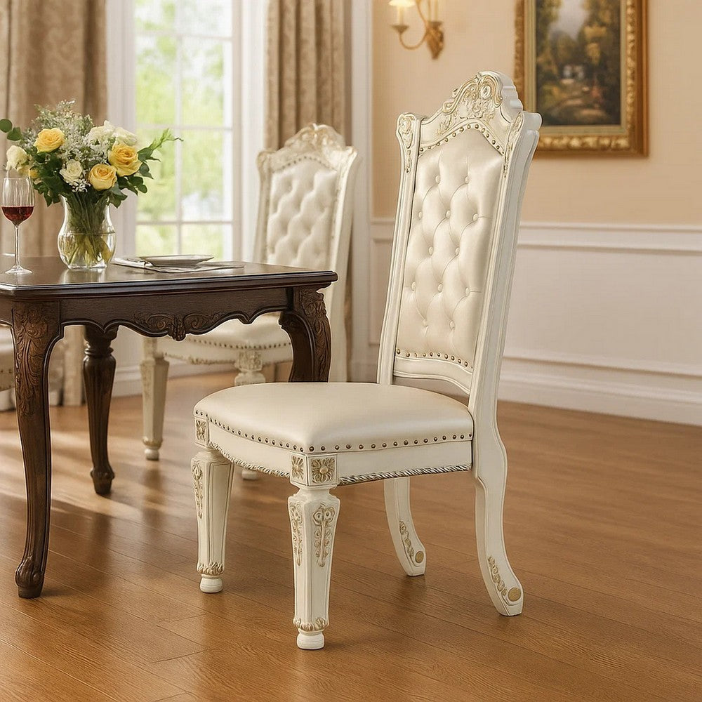 Benjara Jess 24 Inch Counter Chair Set of 2, Pearl Faux Leather, Button Tufted