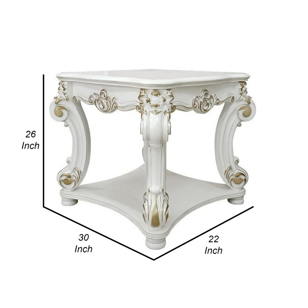 Benjara Jess 30 Inch Side End Table, Classic Scrolled Legs, 1 Shelf, Brushed Gold