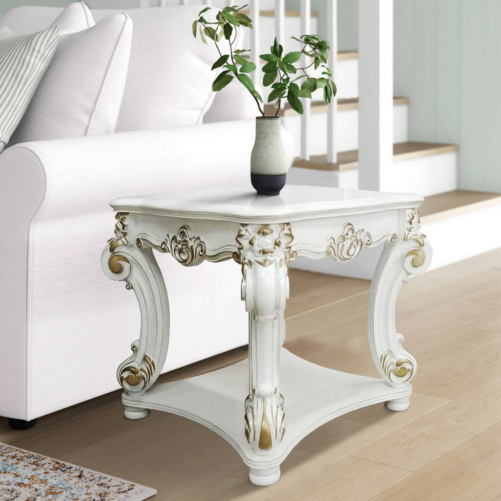 Benjara Jess 30 Inch Side End Table, Classic Scrolled Legs, 1 Shelf, Brushed Gold