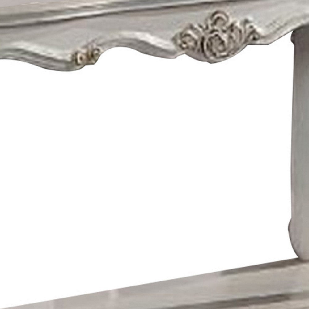 Benjara Jess 58 Inch Sofa Console Table, Classic Scrolled Legs, Brushed Gold, Shelf