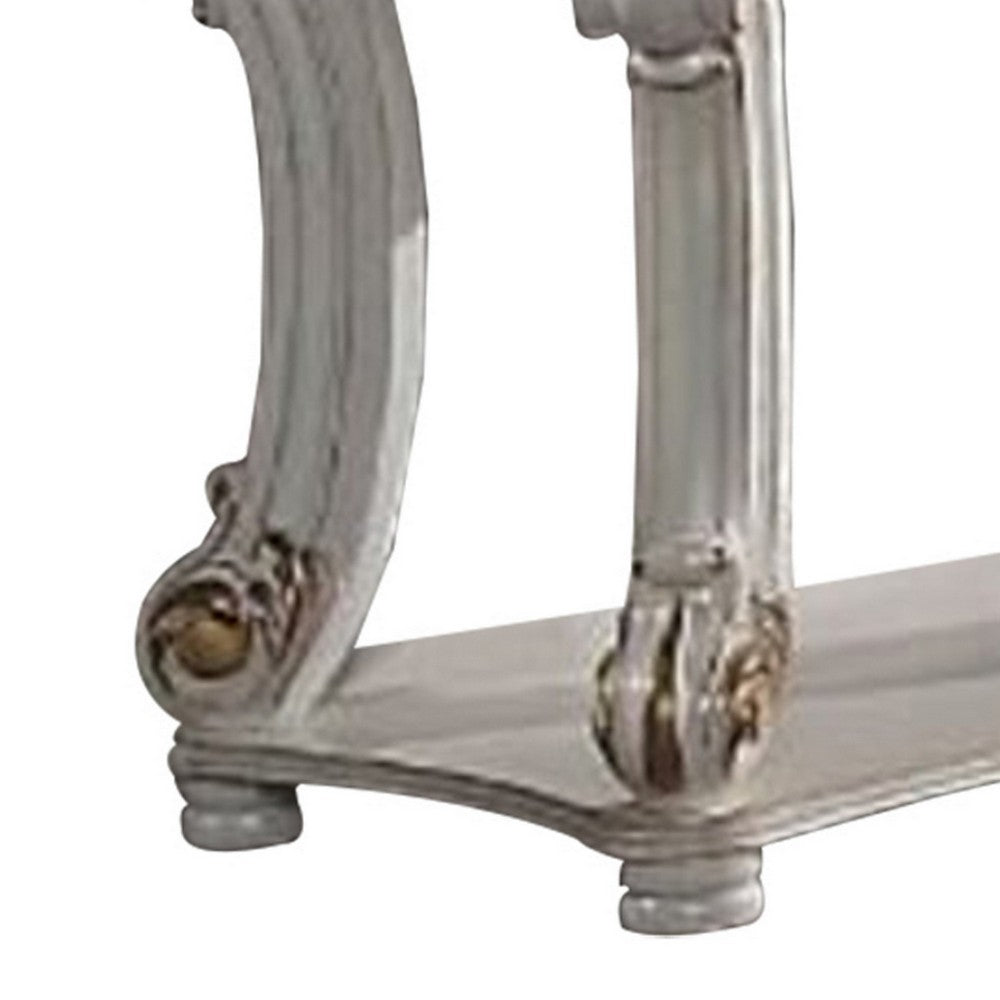 Benjara Jess 58 Inch Sofa Console Table, Classic Scrolled Legs, Brushed Gold, Shelf