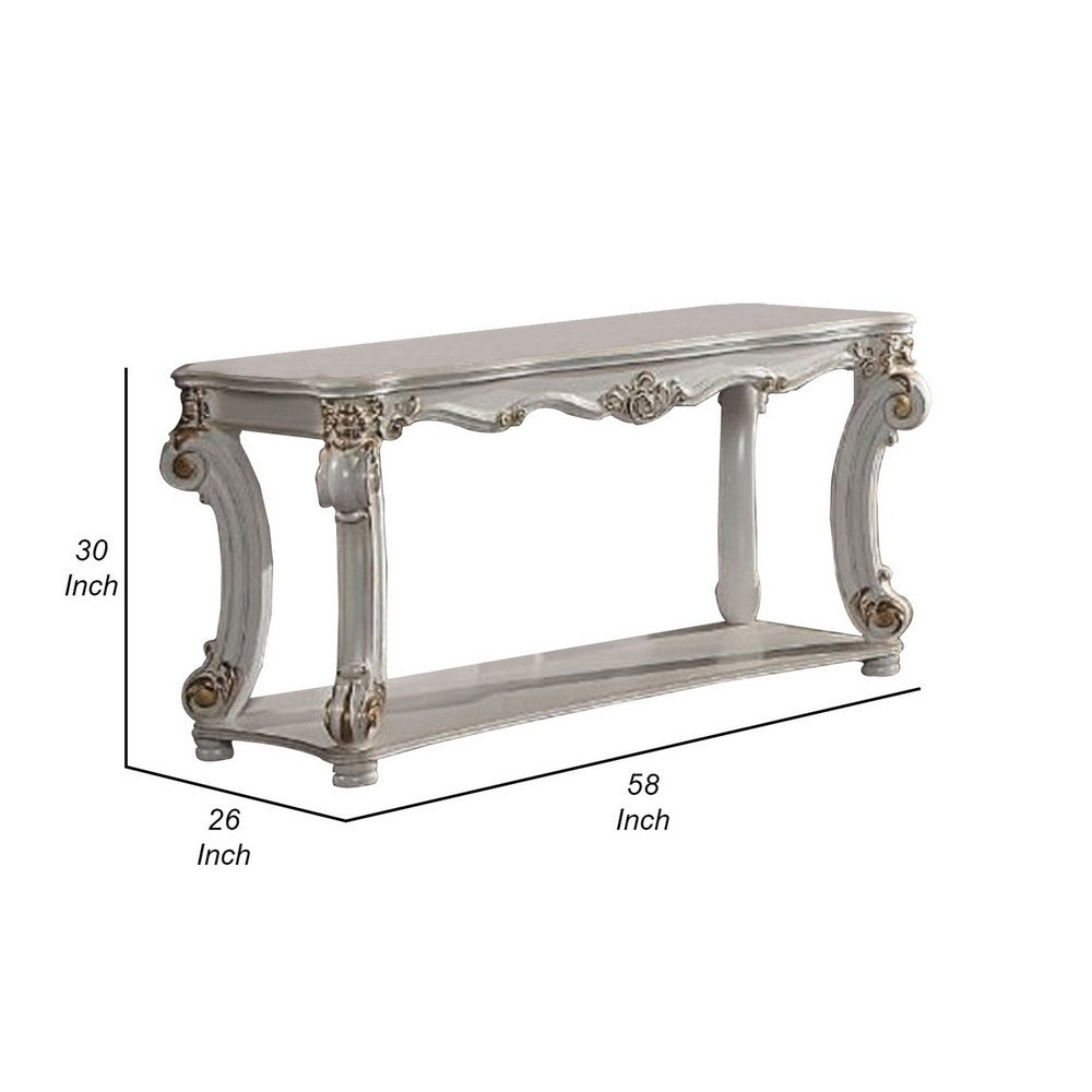 Benjara Jess 58 Inch Sofa Console Table, Classic Scrolled Legs, Brushed Gold, Shelf