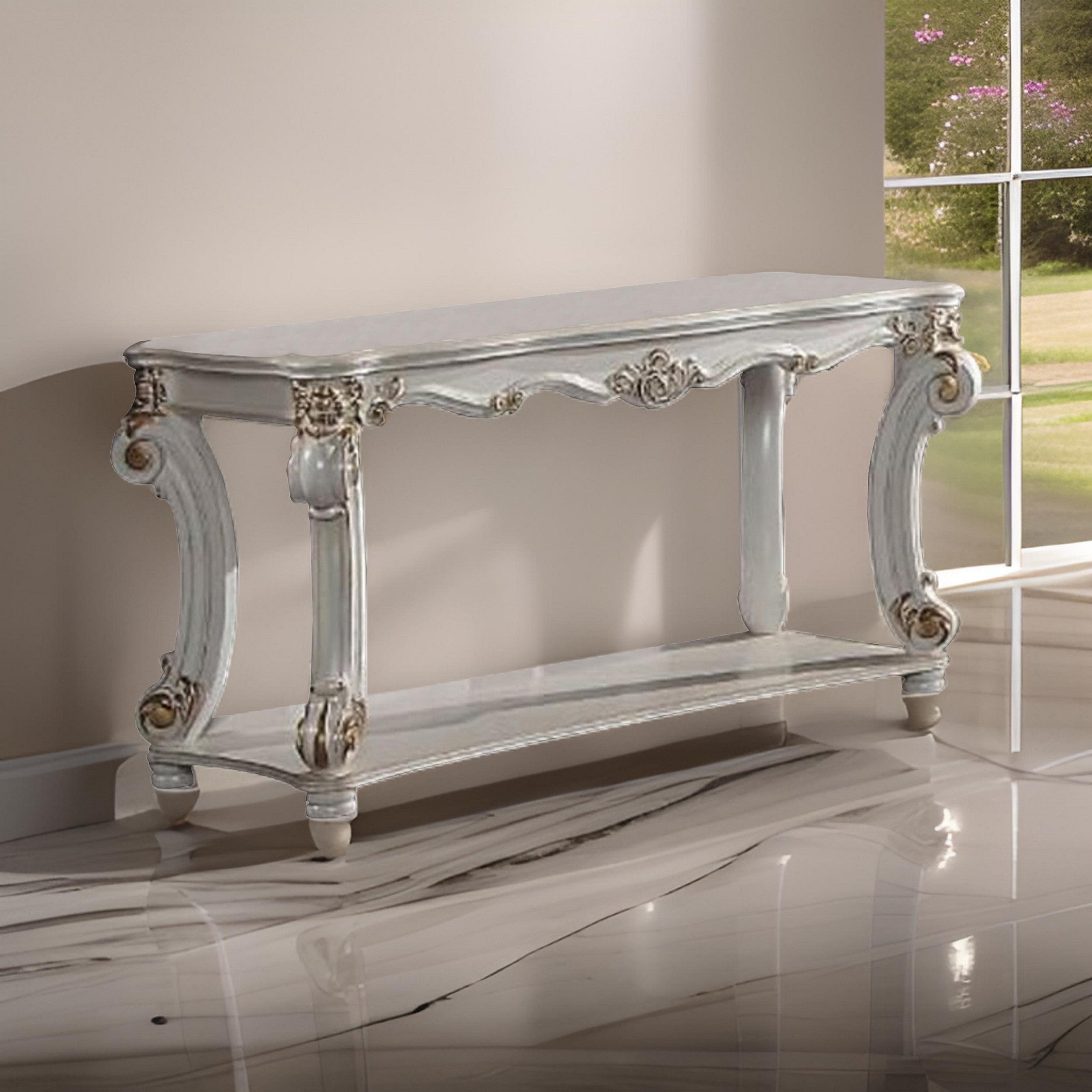 Benjara Jess 58 Inch Sofa Console Table, Classic Scrolled Legs, Brushed Gold, Shelf