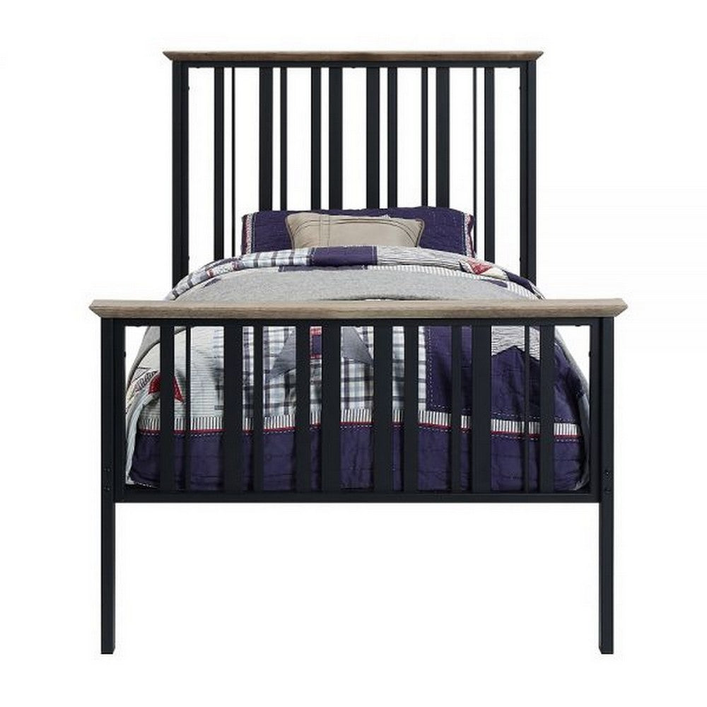 Benjara Nori Twin Bed with Slatted Metal Frame, MDF, Antique Oak Brown And Black