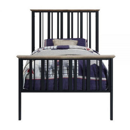 Benjara Nori Twin Bed with Slatted Metal Frame, MDF, Antique Oak Brown And Black