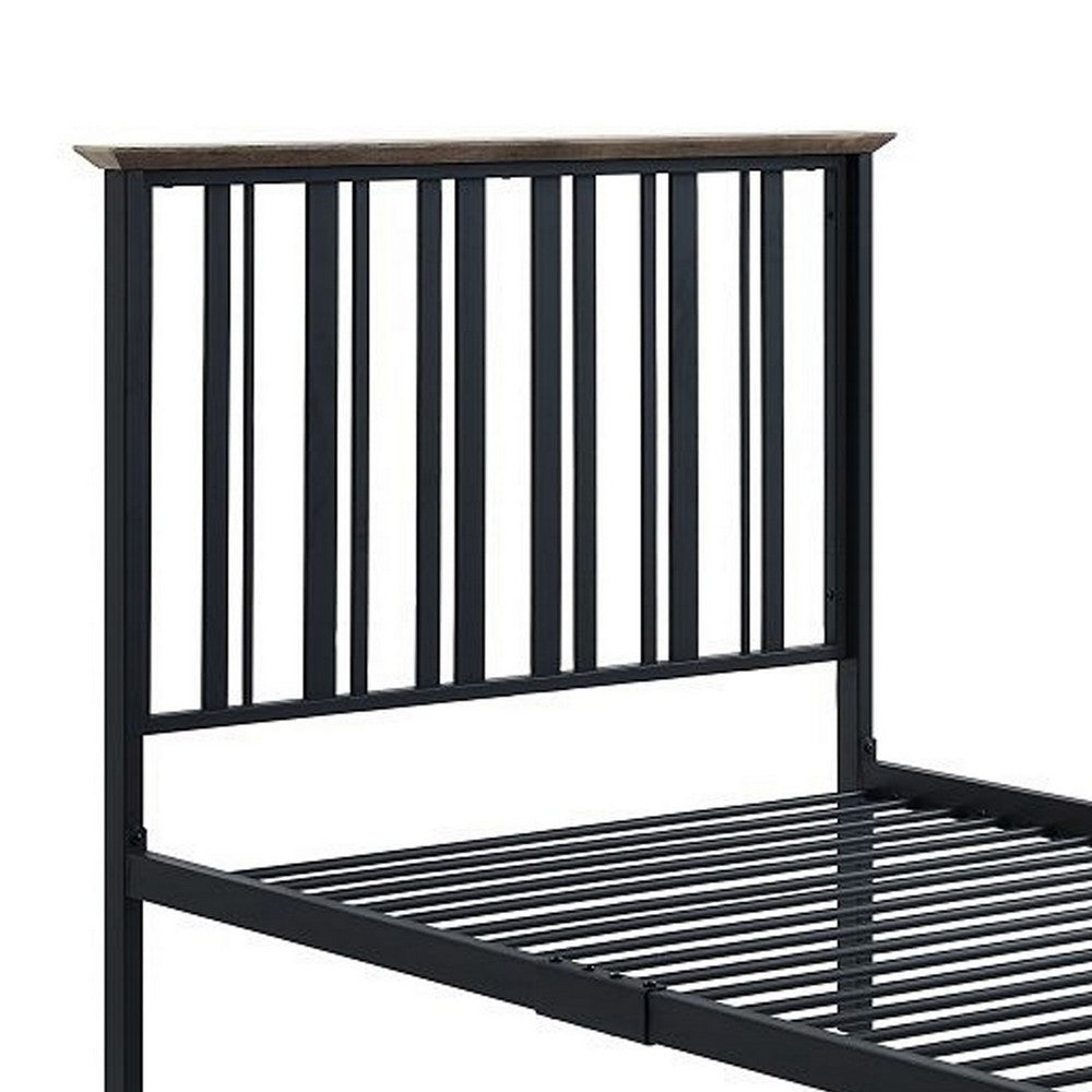 Benjara Nori Twin Bed with Slatted Metal Frame, MDF, Antique Oak Brown And Black