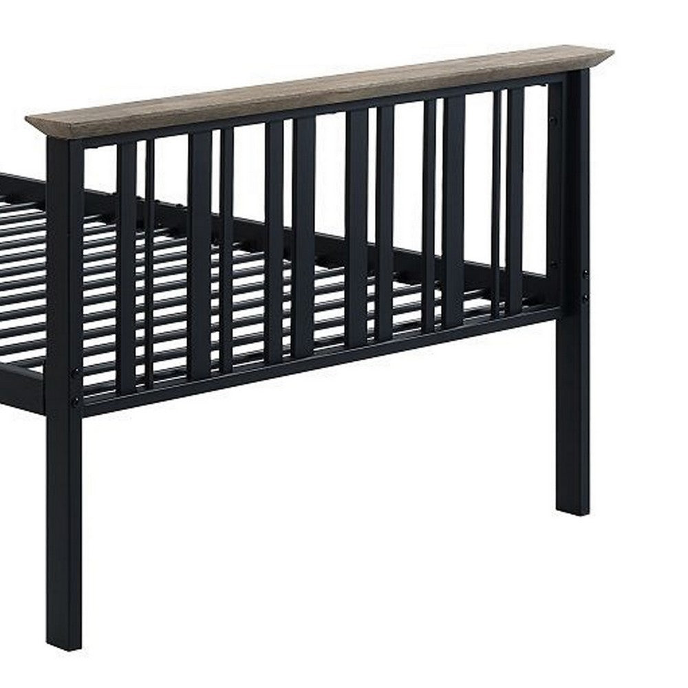 Benjara Nori Twin Bed with Slatted Metal Frame, MDF, Antique Oak Brown And Black