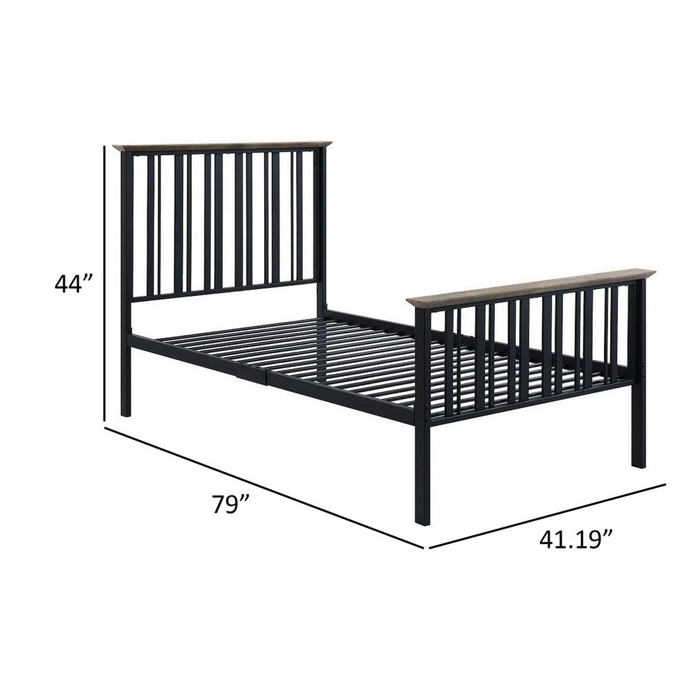 Benjara Nori Twin Bed with Slatted Metal Frame, MDF, Antique Oak Brown And Black